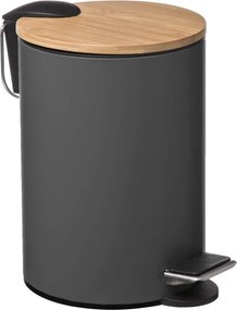 5Five pedaalemmer'Soft'donkergrijs metaal 3L - 24 cm - Voor badkamer en toilet - Prullenbak met bamboe deksel