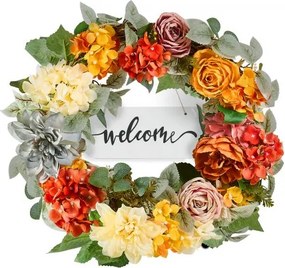 VEVOR Kunstmatige decoratieve krans, 60,96 cm, rood, oranje, geel, versierd met hortensia's, rozen, houten bord, krans voor alle seizoenen, deurkrans, seizoenskrans, binnen en buiten, huismuur, raam, vakantiedecoratie