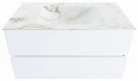 Mondiaz Vica DLux badmeubel 90cm talc 2 lades met wastafel frappe midden zonder kraangat