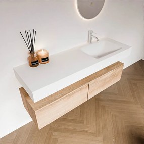 Zaro Alan badmeubel 140cm washed oak 2 lades met vrijhangende wastafel cloud rechts 1 kraangat talc