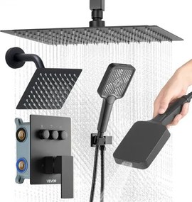VEVOR Douchesysteemset met 12-inch regendouchesysteem / 6-inch wandgemonteerde kop / 4-in-1 handdouche, draaibare dubbele regenkop (3 functies), messing klep en afdekkingsset, matzwart