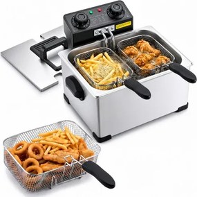 VEVOR Commerciële Elektrische Friteuse, 5,2 liter oliecapaciteit, 2500 W, roestvrij staal, tafelmodel met frituurmandjes (twee kleine + één grote), oververhittingsbeveiliging, temperatuurregeling en timer, zilverkleurig