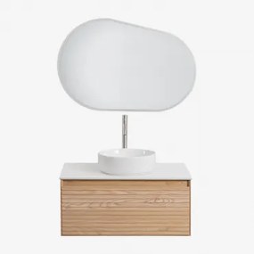 Tedrik Zwevend Badkamermeubelset 80x50 Cm In Essenhout Ash Brown & Rond Keramiek Wit Ø40 Cm Lenka & Ovaal Led En Anticondens 100x80 Cm Riben - Sklum