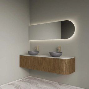 Gliss Design Alluro badmeubel ribbelfront met ronding rechts 160cm castle brown en wit marmer toppaneel