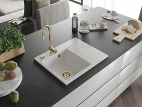 Mexen Ben granit gootsteen 1-komorig met afdruipgedeelte, links 600 x 500 mm, wit, gouden sifon - 6522605000-20-G