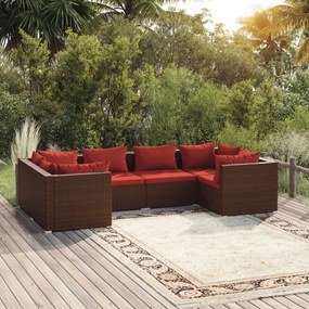 vidaXL 6-delige Loungeset met kussens poly rattan bruin