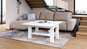 BRAVO wit – uitschuifbare en in hoogte verstelbare salontafel, tafel met plank