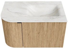 Mondiaz Kurve-dlux 75cm badmeubel ronding links oak met 1 lade en deur en wastafel grunne rechts zonder kraangat ostra