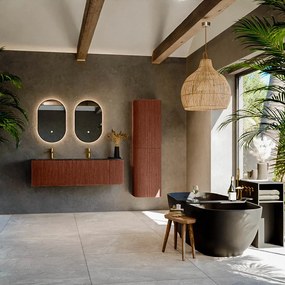 Mondiaz Kurve-dlux 145cm badmeubel ronding rechts ruby met 1 lade en deur en wastafel leaf dubbel/links 2 kraangaten lava