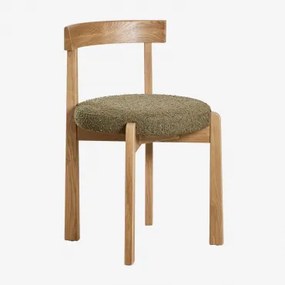 Eetkamerstoel Van Manila-eikenhout Met Stoffering Natuurlijk Hout & Bouclé Leger Groen - Sklum