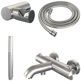 Brauer Stripe thermostatische badkraan met wandhouder en staafhanddouche RVS geborsteld PVD
