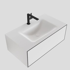 Zaro Lagom volledig naadloos solid surface onderkast 80cm mat zwart met 1 lade Push tot open. Compleet met solid surface wastafel met 1 kraangat(en)