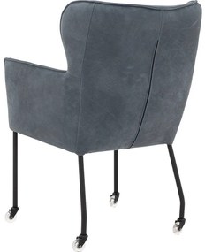Goossens Excellent Eetkamerstoel Leogang blauw leer met armleuning en met wielen, elegant chic