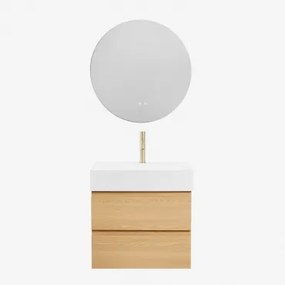 Ona Zwevend Badkamermeubelset Van Hout En Essenfineer Met Geïntegreerde Wastafel Natuurlijk Hout & Round Led And Antifog Ø70 Cm Riben - Sklum