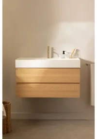 Badkamermeubelset Van Hout En Essenhoutfineer Met Geïntegreerde Wastafel Ona Natuurlijk Hout & Spiegelloze & Goud ↑20 Cm - Sklum
