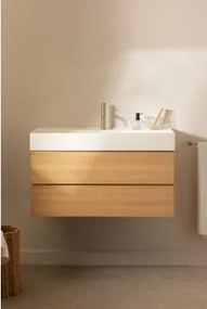 Ona Zwevend Badkamermeubelset Van Hout En Essenfineer Met Geïntegreerde Wastafel Natuurlijk Hout & Spiegelloze & Geborsteld Goud - Sklum