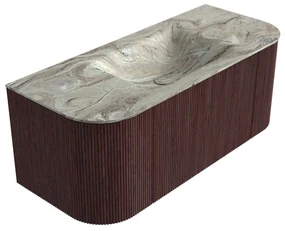 Mondiaz Kurve-dlux 110cm badmeubel ronding links/rechts ruby met 1 lade en 2 deuren en wastafel cloud midden zonder kraangat glace