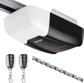 VEVOR Garagedeuropener 1000 N, krachtige kettingaandrijving, voor privégarages, 4-delig railsysteem, 2 handzenders en LED-verlichting, bediening met één knop vanuit de auto, zwart-wit