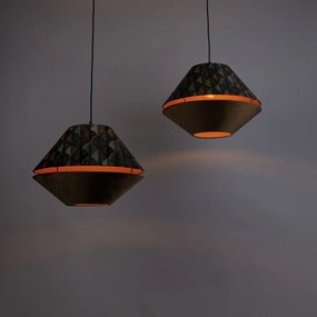 Hanglamp zwart met dubbele velours lampenkap blad dessin en beige 2-lichts - Cava Luxe