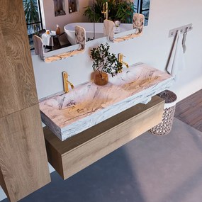 Mondiaz Alan DLux badmeubel 130cm washed oak 1 lade met wastafel glace dubbel 2 kraangaten