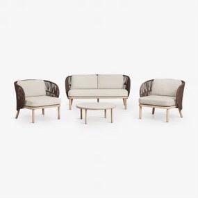 Woonkamerset Met 2-zitsbank, 2 Stoelen Van Gevlochten Capri-touw En Salontafel Van Acaciahout Olivia Bruin – Chocolade - Sklum