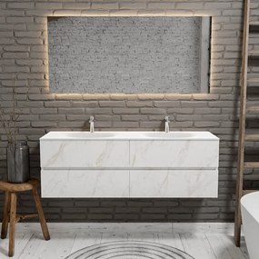 Zaro Sevilla Solid Surface badmeubel 150cm mat wit marmer 2 kraangaten dubbele spoelbak met 4 lades