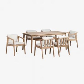 Rechthoekige Tafelset 180x90 Cm En 6 Eetkamerstoelen In Acaciahout Kaela Lichte Acaciekleur & Stof Gardenia Wit - Sklum