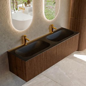 Mondiaz Kurve 150cm badmeubel walnut met 2 lades en wastafel big small dubbel 2 kraangaten urban