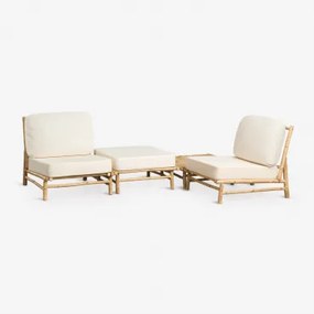 Tuinset Met 2 Fauteuils, Poef En Vierkante Salontafel 75x75 Cm Van Bamboe Isendra Stof Wit - Sklum