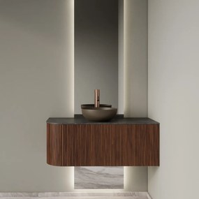 Gliss Design Alluro badmeubel ribbelfront met ronding links 100cm walnut en zwart leisteen toppaneel