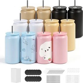 VEVOR Sublimatiebekers 12 stuks (473 ml), meerkleurige roestvrijstalen sublimatie thermosbekers met deksels en rietjes, dubbelwandige geïsoleerde sublimatie drinkflessen voor doe-het-zelf projecten en cadeaus