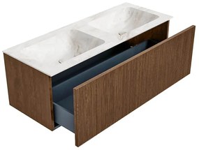 Mondiaz Kurve-dlux 120cm badmeubel walnut met 1 lade en wastafel leaf dubbel zonder kraangat frappe