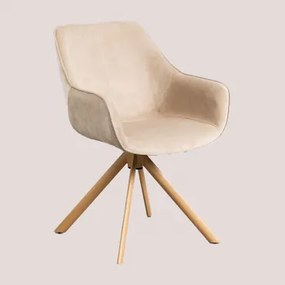 Lucy Eetkamerstoel Met Armleuningen In Fluweel Beige – Crème & Natuurlijk Hout - Sklum