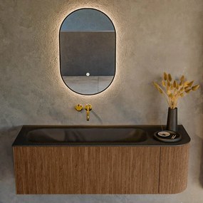 Mondiaz Kurve 135cm badmeubel ronding rechts walnut met 1 lade en deur en wastafel big medium links zonder kraangat urban
