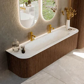 Mondiaz Kurve-dlux 170cm badmeubel ronding links/rechts walnut met 1 lade en 2 deuren en wastafel big large midden 2 kraangaten opalo