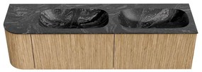Mondiaz Kurve-dlux 165cm badmeubel ronding links oak met 2 lades en 1 deur en wastafel stor small dubbel/rechts 2 kraangaten lava