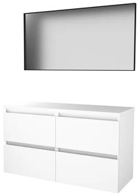 Basic-Line Framed 46 badkamermeubelset - 120x46cm - greeploos - 4 lades - wastafelblad - Spiegel - mat zwart aluminium frame - rondom - MDF lak Ice White 1813507