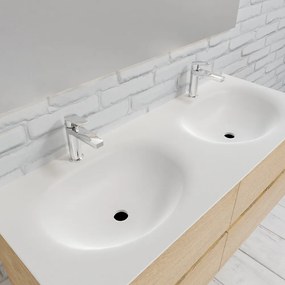 Zaro Sevilla Solid Surface badmeubel 120cm licht eiken 2 kraangaten dubbele spoelbak met 4 lades