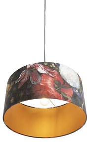 Stoffen Eettafel / Eetkamer Hanglamp met velours kap bloemen met goud 50 cm - Combi Klassiek / Antiek E27 cilinder / rond rond Binnenverlichting Lamp