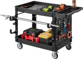VEVOR Servicetrolley, Werkplaatstrolley, Gereedschapstrolley, PP 1140x610x840mm Zwart, Roltrolley met een draagvermogen van 250 kg, Incl. 2 niveaus, 4 wielen, gereedschapsbord, haken, handgreep met opbergvak, Multifunctionele trolley voor de werkplaats