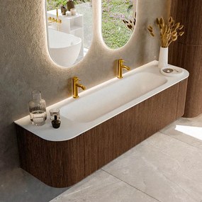 Mondiaz Kurve 170cm badmeubel ronding links/rechts walnut met 1 lade en 2 deuren en wastafel big large midden 2 kraangaten