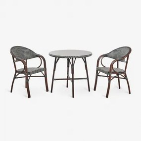 Set Ronde Tafel Ø80 Cm En 2 Stapelbare Tuinstoelen Met Aluminium Armleuningen Brielle Bistro Grijs – Grafiet - Sklum