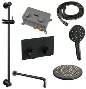 Brauer Black Edition thermostatische inbouw regendouche met 3 standen handdouche, gebogen muurarm, glijstang en hoofddouche 20cm set 69 zwart mat