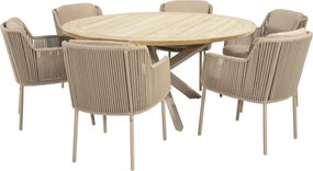 4 Seasons Outdoor Bernini tuinset latte met Prado tafel met teak blad Ø 160 cm Tuinset beige weerbestendig