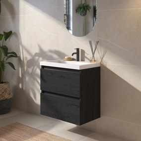 Saqu Gaia ondiep badmeubel incl. glans witte wastafel 60x40x64cm eiken zwart – zwarte greeplijst