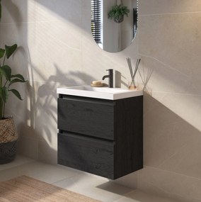 Saqu Gaia ondiep badmeubel incl. glans witte wastafel 60x40x64cm eiken zwart – zwarte greeplijst