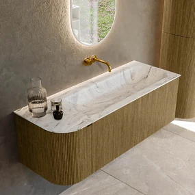 Mondiaz Kurve-dlux 125cm badmeubel ronding links dusk met 1 lade en deur en wastafel big medium rechts zonder kraangat glace