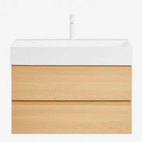Badkamermeubelset Van Hout En Essenhoutfineer Met Geïntegreerde Wastafel Ona Natuurlijk Hout & Spiegelloze & Wit ↑20 Cm - Sklum