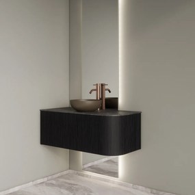 Gliss Design Alluro badmeubel ribbelfront met ronding rechts 100cm black en zwart leisteen toppaneel