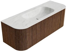 Mondiaz Kurve-dlux 130cm badmeubel ronding links/rechts walnut met 1 lade en 2 deuren en wastafel big small midden 1 kraangat opalo